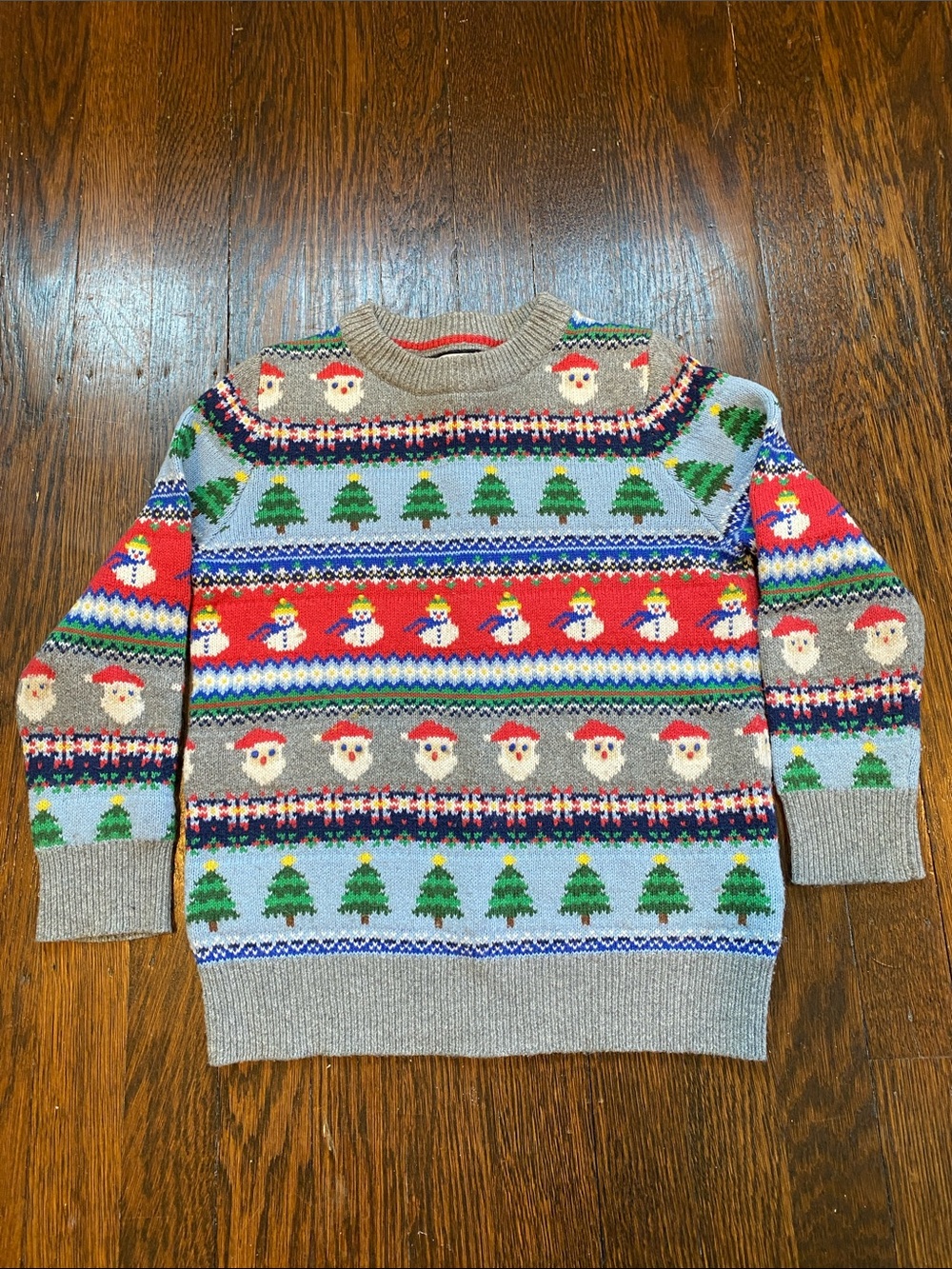 Mini Boden Gray Holiday Sweater with Red, Green & Blue Accents